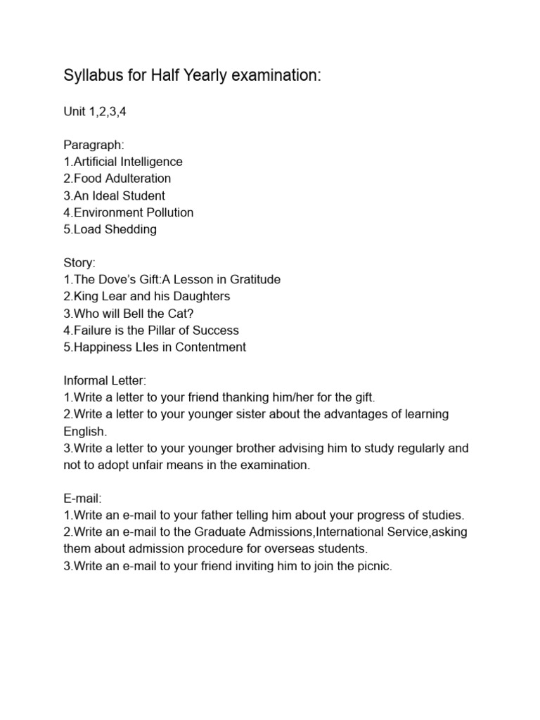 Half Yearly Exam Syllabus Overview | PDF