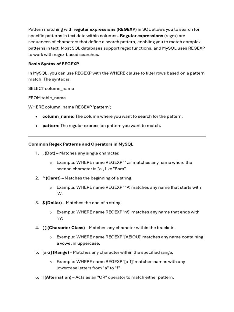 Pattern Matching With Regular ExpressionsMySQL | PDF | Regular ...