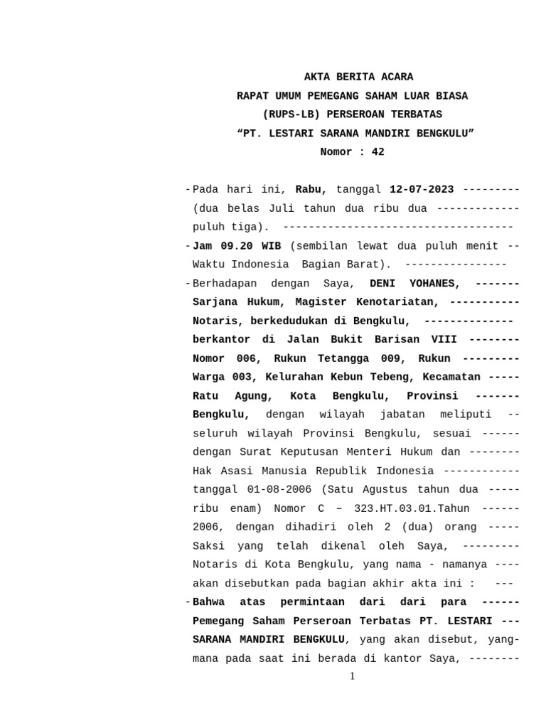Berita Acara RUPS-LB PT Lestari Sarana Mandiri | PDF