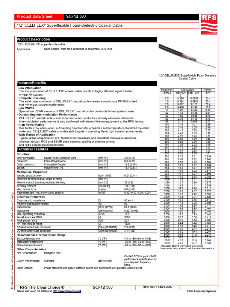 1/2" CELLFLEX® Coaxial Cable Data Sheet | PDF | Coaxial Cable ...