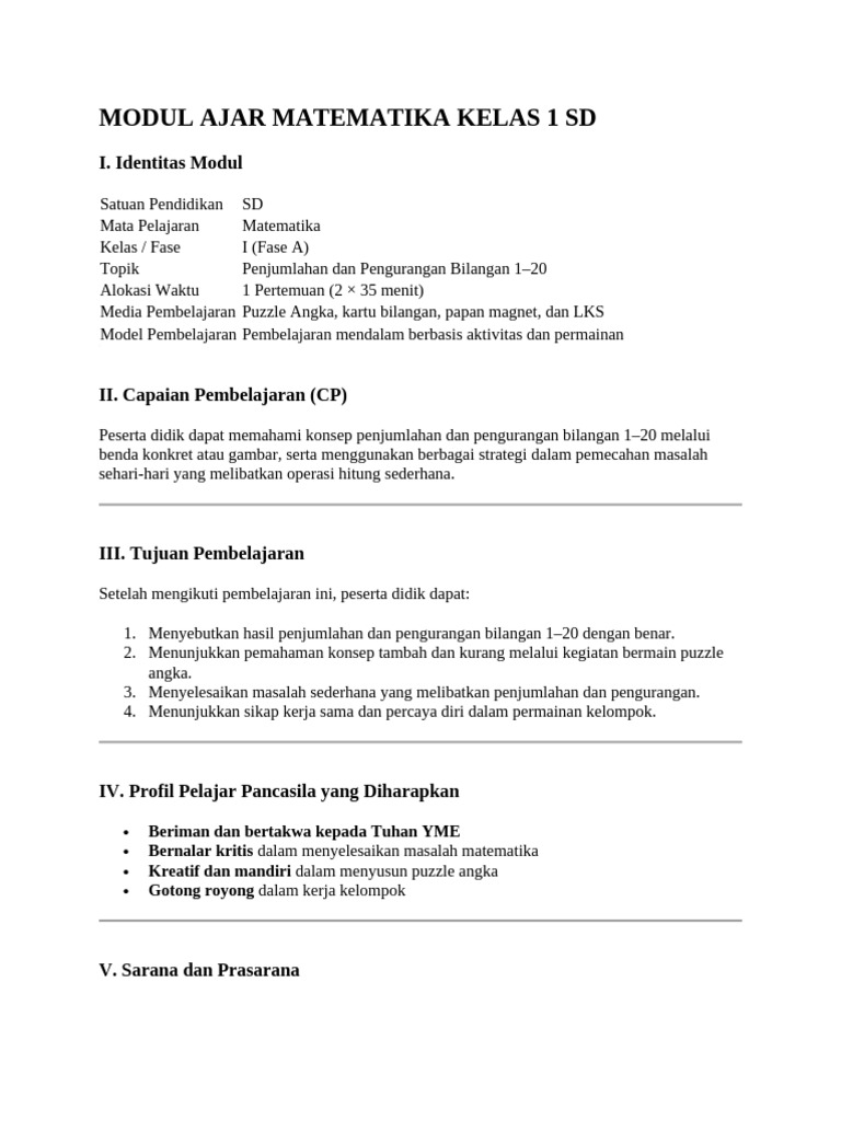 Modul Ajar Matematika Kelas 1 SD | PDF