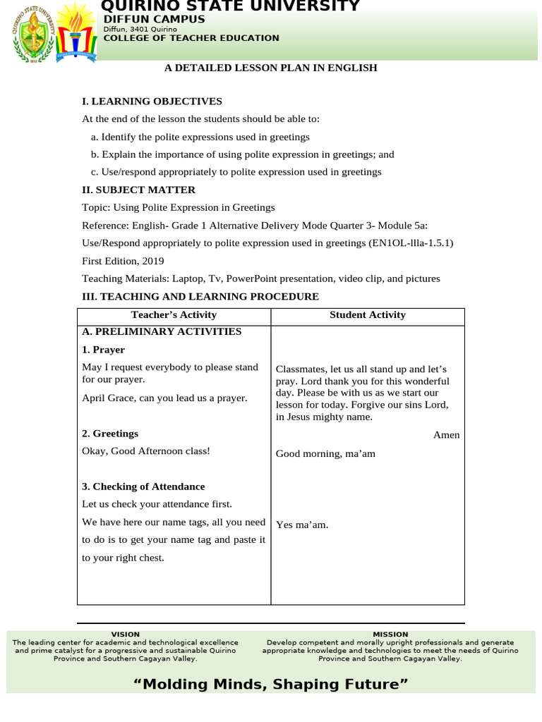 Polite Expressions in Greetings Lesson Plan | PDF
