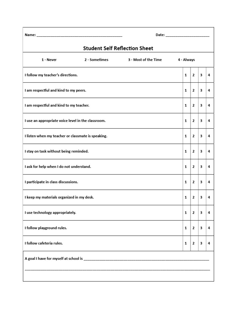Student Self Reflection Sheet | PDF