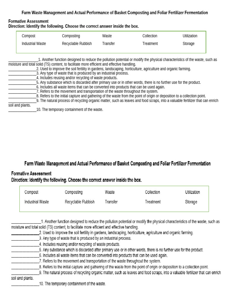 QUIZ Farm Waste Management and Actual Performance of Basket Composting ...