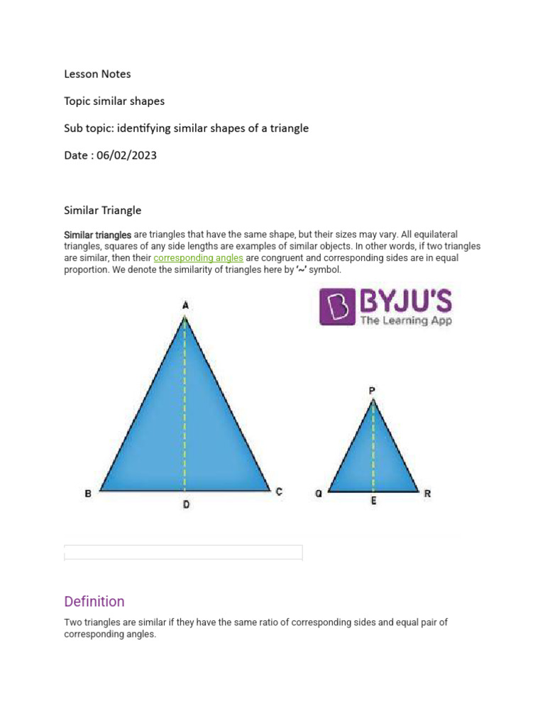 Lesson Notes On Similar Triangle PDF | PDF