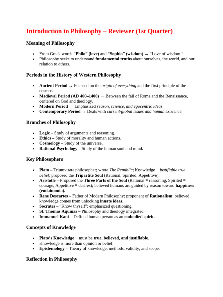 Introduction To Philosophy Reviewer | PDF | Rationalism | Reason