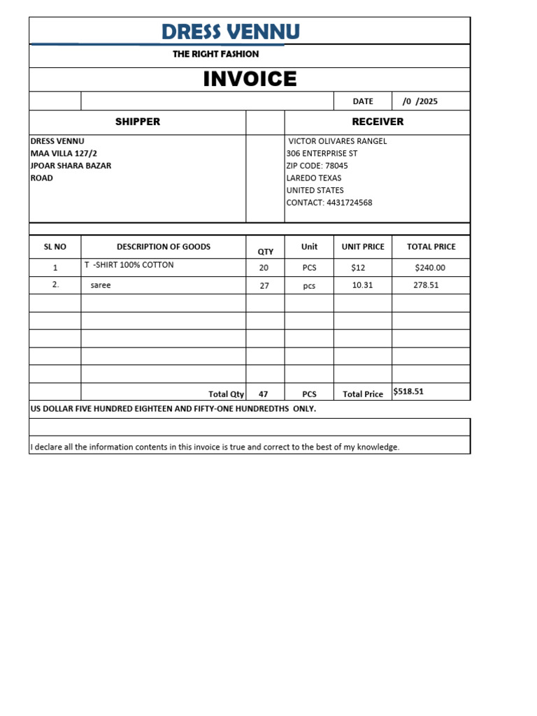 Invoice for Cotton T-Shirts and Sarees | PDF