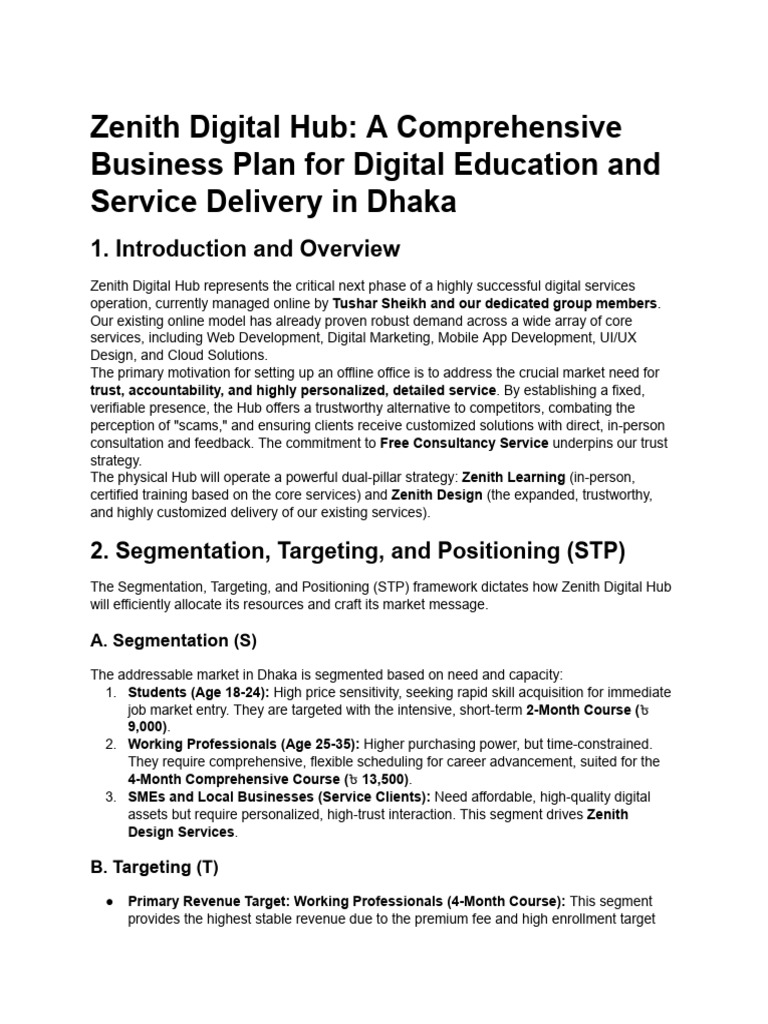 Zenith Digital Hub: Business Plan for Dhaka | PDF | Profit (Economics ...