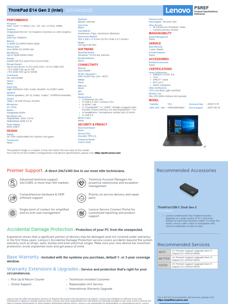 Lenovo ThinkPad E14 Gen 2 Intel 20TA000DGE Datenblatt | PDF | Computer ...