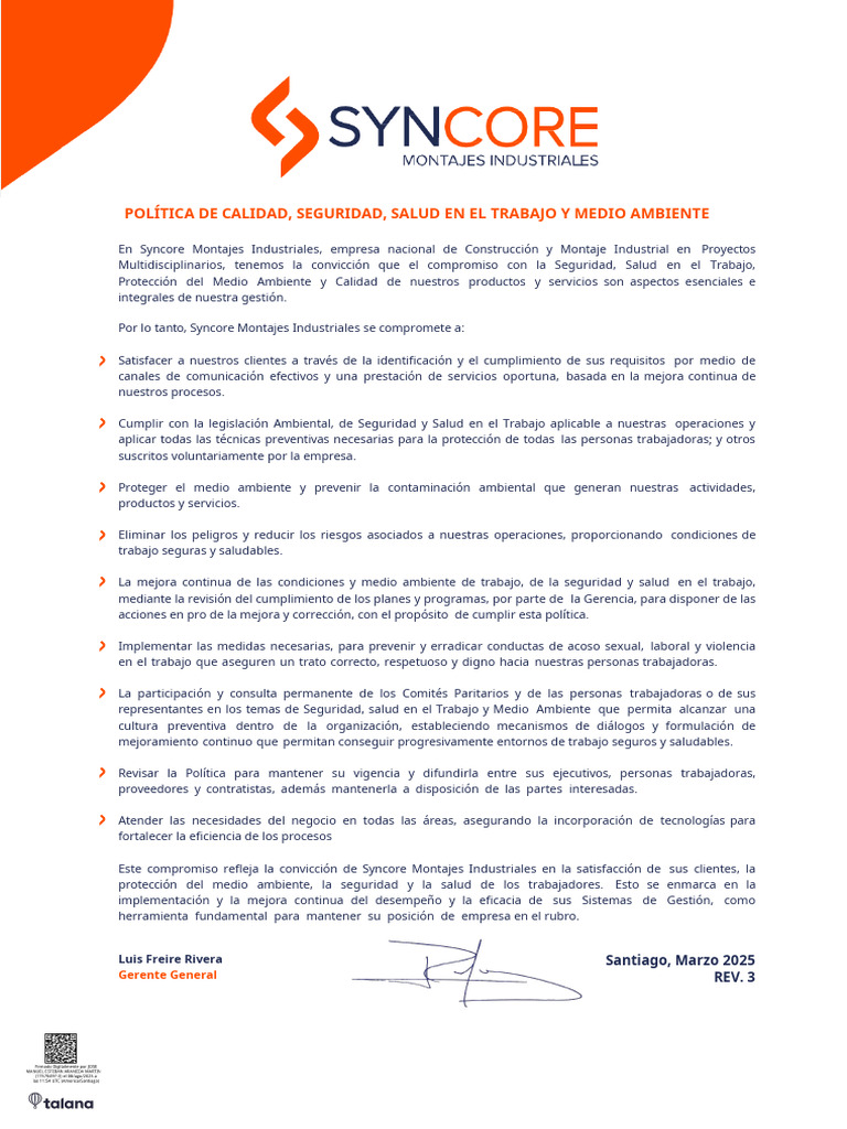 Politica Syncore Montajes 2025 | PDF | La seguridad informática | Seguridad