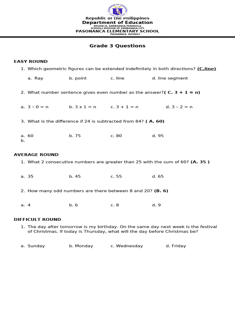 Grade 3 Math Questions and Answers | PDF