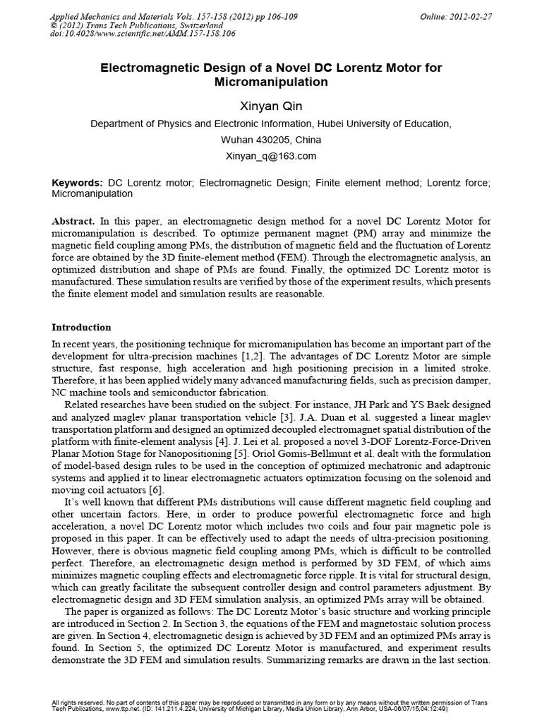 Qin - 2012 - Electromagnetic Design of A Novel DC Lorentz Motor | PDF ...