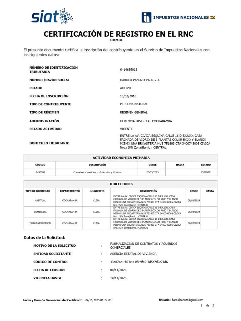 Certificación RNC Contribuyente Activo | PDF | Contribuyente