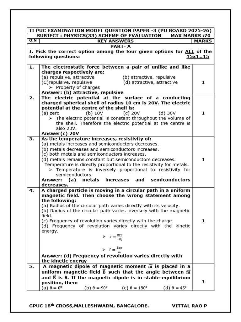 Physics Model Question Paper II PUC | PDF | Atomic Nucleus | Electron