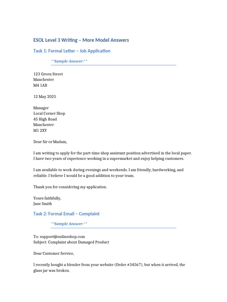 ESOL Level 3 More Model Answers | PDF