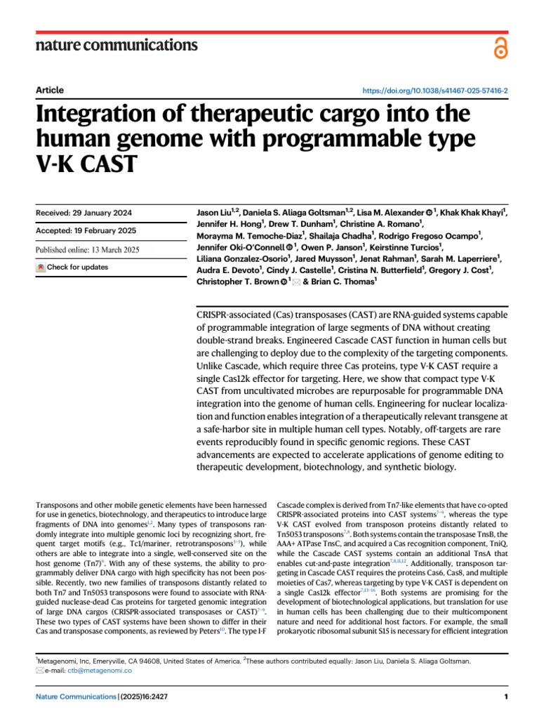 Type V-K CAST for Human Genome Editing | PDF | Crispr | Dna Sequencing