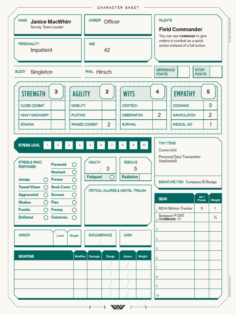 Alien RPG Character Sheet Overview | PDF