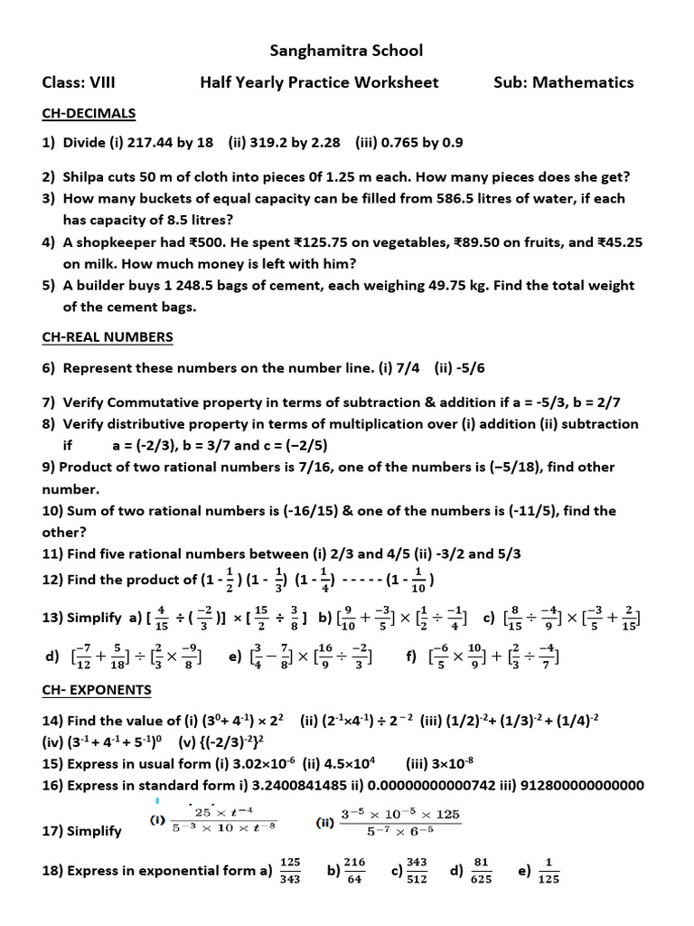 Class -8 Math Worksheet Answers | PDF | Numbers | Subtraction