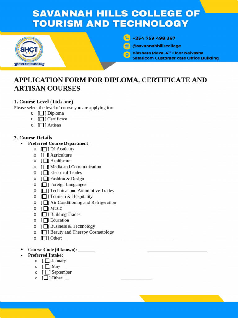SAVANNAH HILLS COLLEGE OF TOURISM AND TECHNOLOGY (SHCT) Aplication Form ...