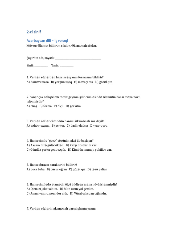 2ci_sinif_is_vərəqi | PDF
