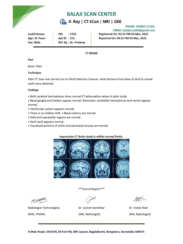 Normal CT Brain Report Summary | PDF