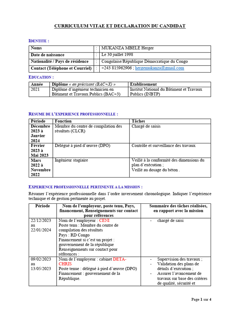 CV de Mukanza Mbele Herger, Ingénieur BTP | PDF