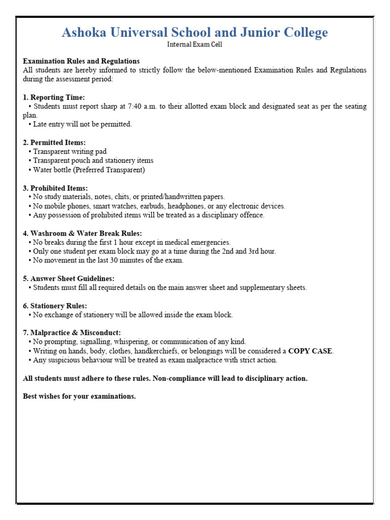 Ashoka School Exam Rules & Schedule | PDF