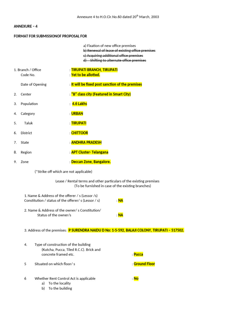 Office Premises Proposal Format - Tirupati | PDF | Landlord | Lease