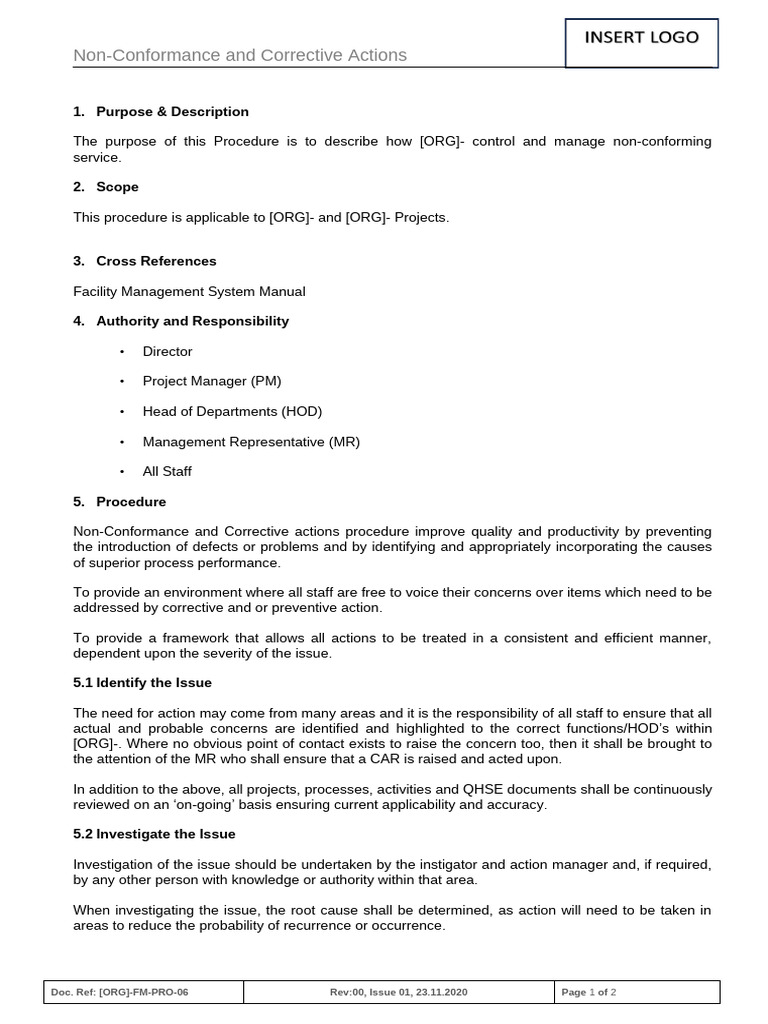 Non-Conformance Management Procedure | PDF