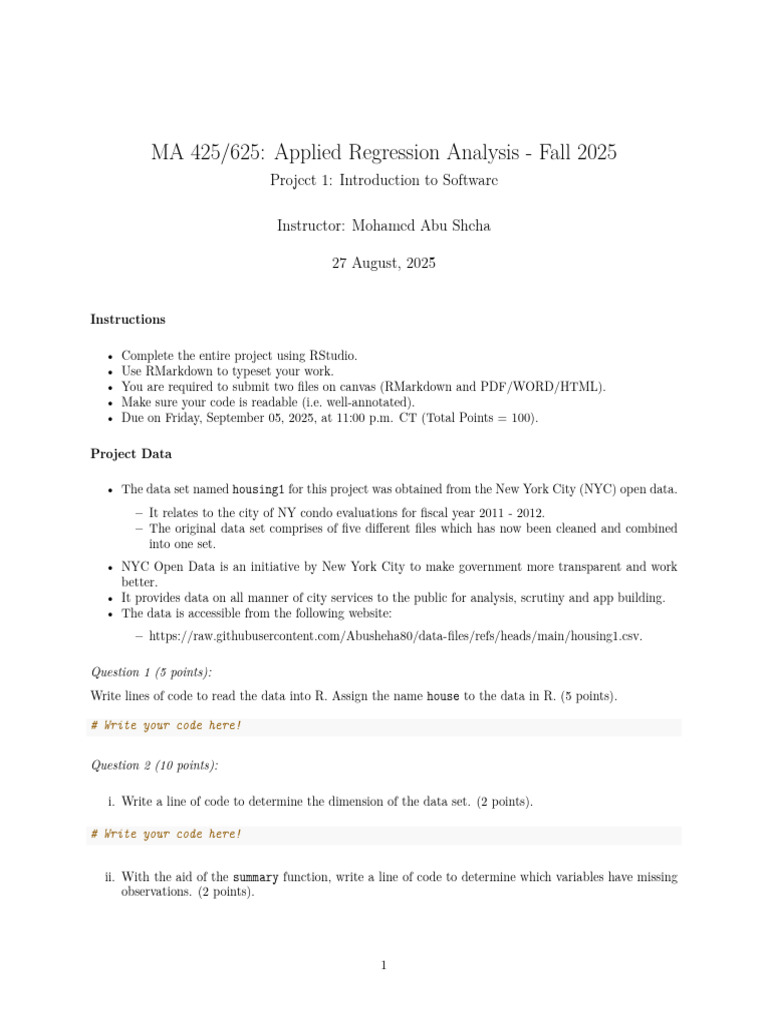 Applied Regression Analysis Project 1 | PDF | Statistical Theory ...