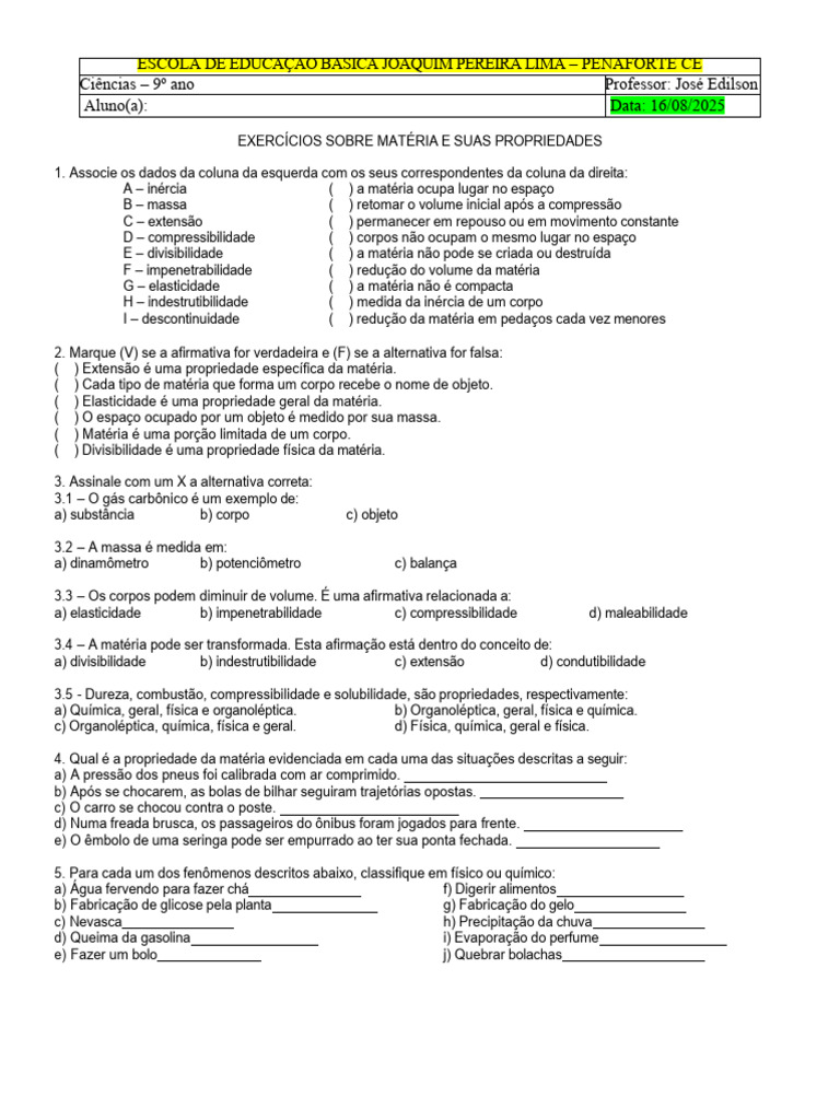 Exercícios sobre Propriedades da Matéria | PDF | Matéria | Metais