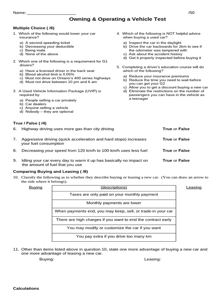 Vehicle Ownership and Operation Test | PDF | Fuel Economy In ...