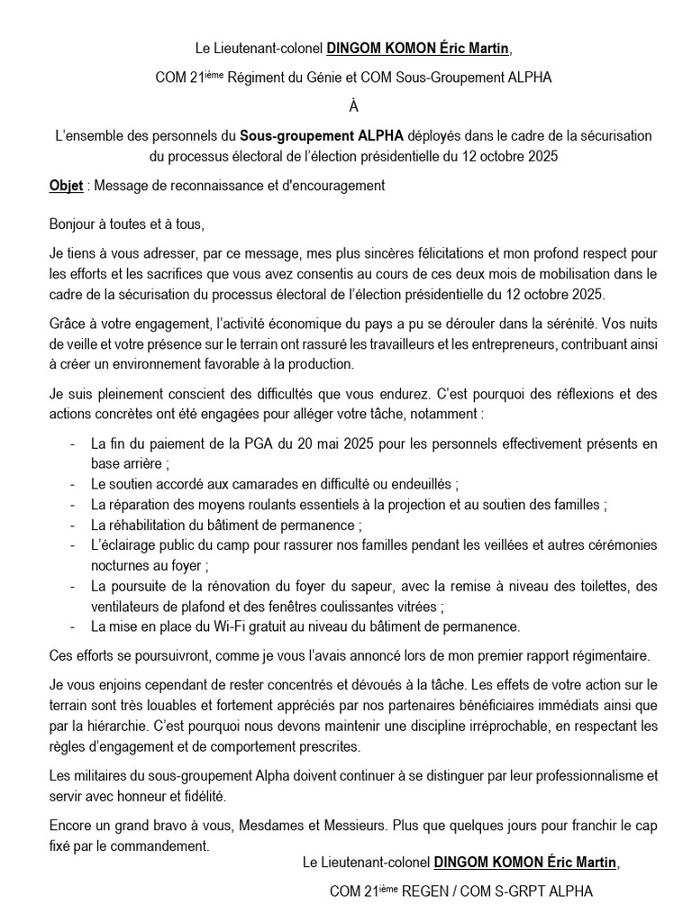 Message de reconnaissance aux militaires ALPHA | PDF