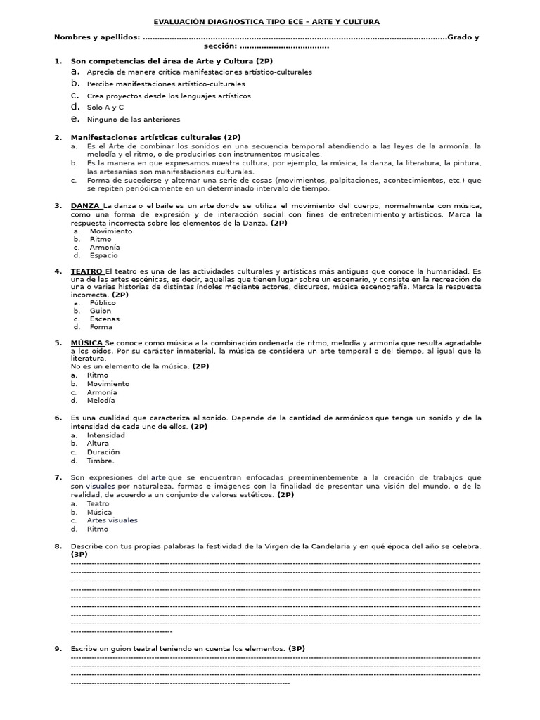 Evaluación Diagnóstica Arte y Cultura | PDF | Bailes | Ritmo