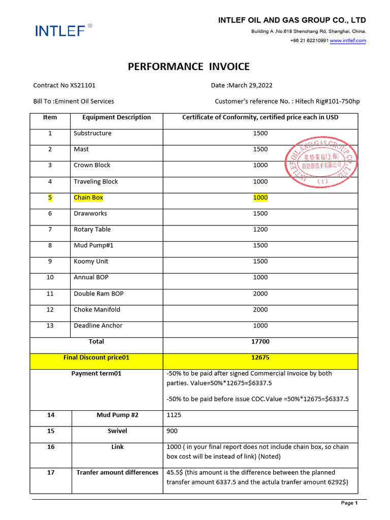 Intlef Oil and Gas Performance Invoice | PDF