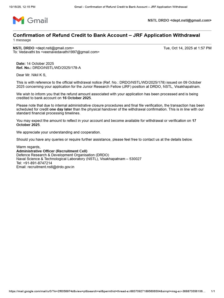 Gmail - Confirmation of Refund Credit To Bank Account - JRF Application ...