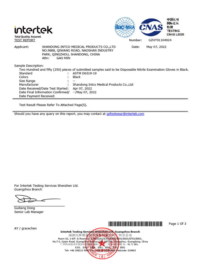 Nitrile Glove Test Report GZHT91104924 | PDF | Contractual Term ...