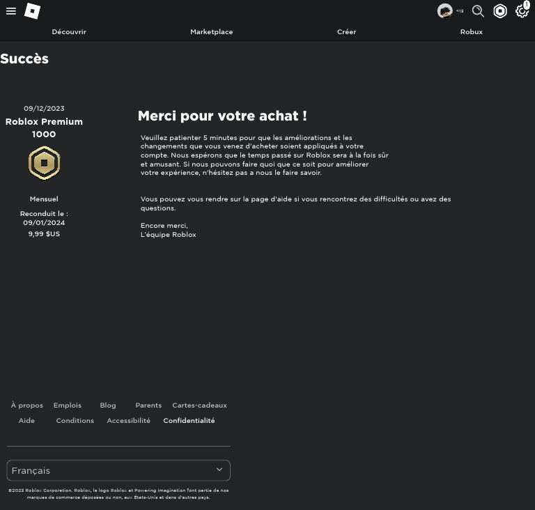 Confirmation d'achat Roblox Premium | PDF