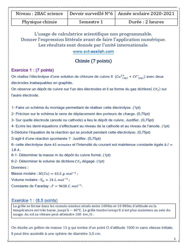 Devoir de Physique-Chimie 2BAC 2020-2021 | PDF | Poids | Réaction d ...