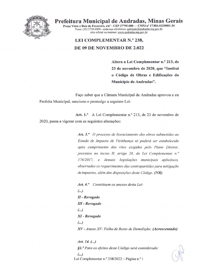 LEI COMPLEMENTAR N.º 238-2022 - Altera Código de Obras | PDF