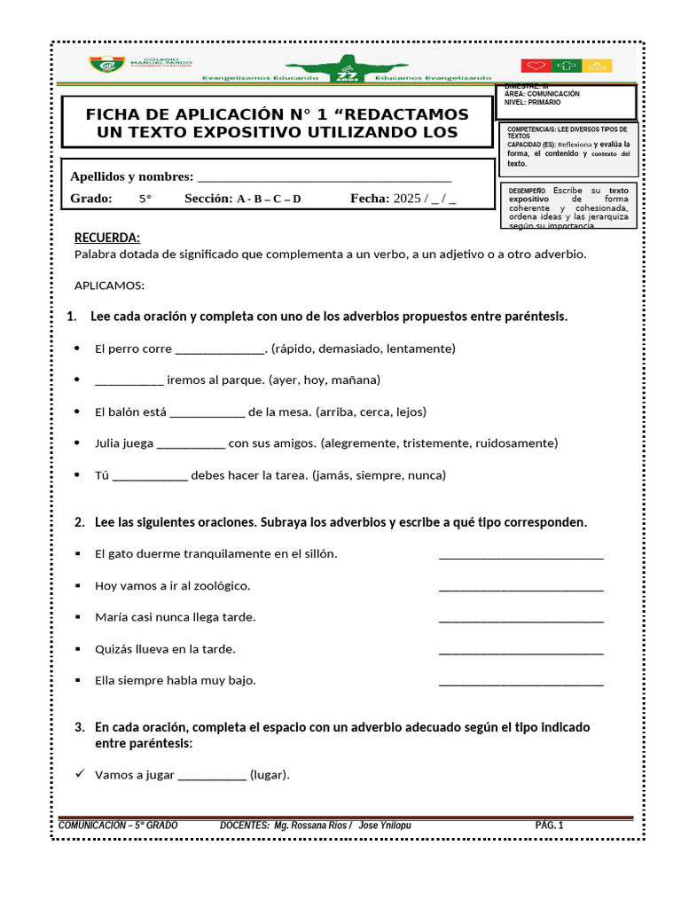 Ejercicios de Adverbios para 5° Grado | PDF | Adverbio | Lingüística