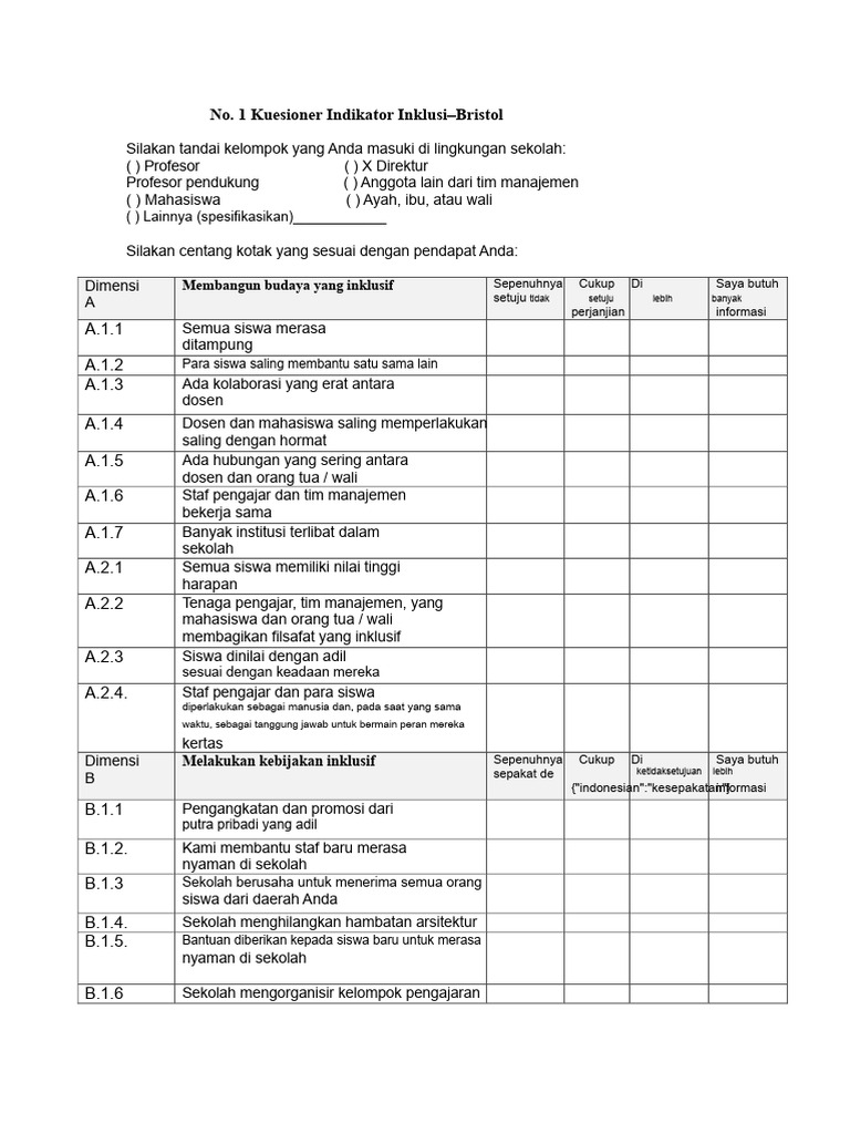 Kuesioner Indikator Inklusi Sekolah | PDF