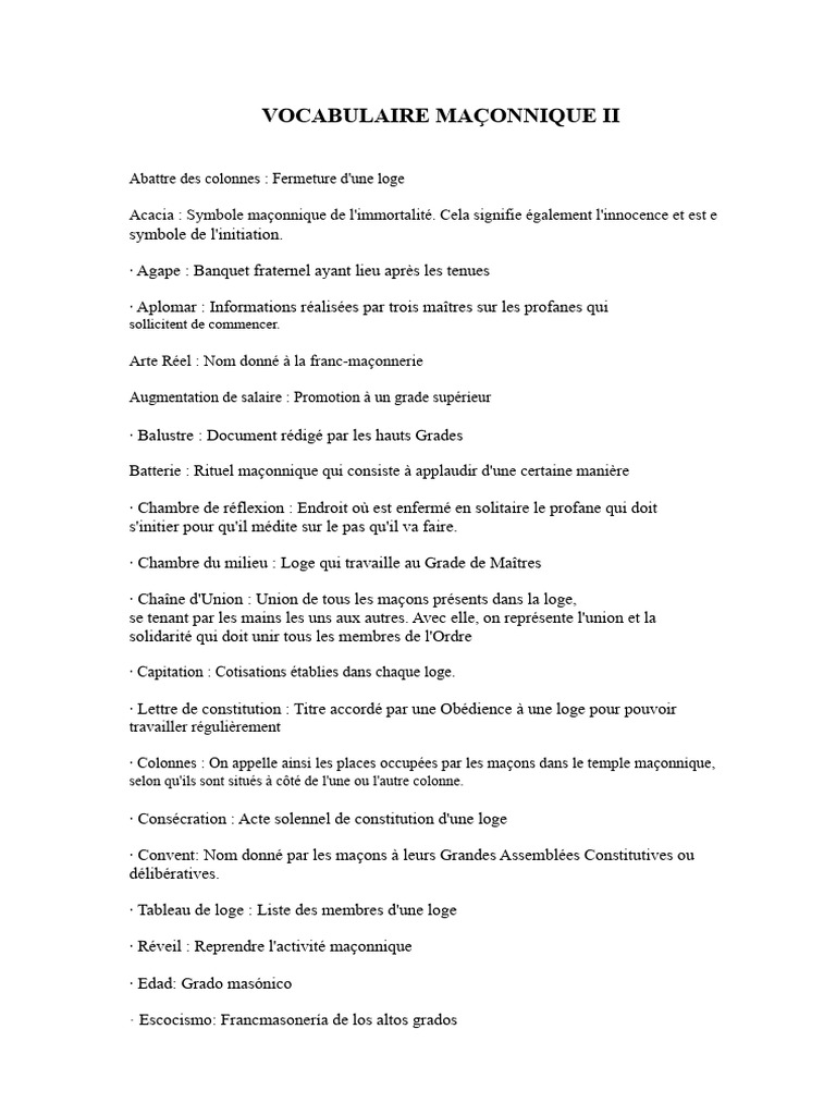 Vocabulaire Maçonnique Essentiel PDF Francmaçonnerie Loge maçonnique — free download