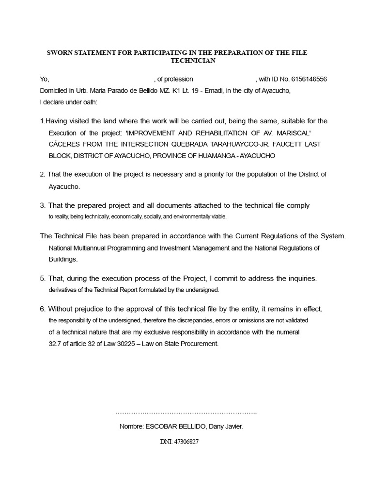 Sworn Statement for Project Preparation | PDF