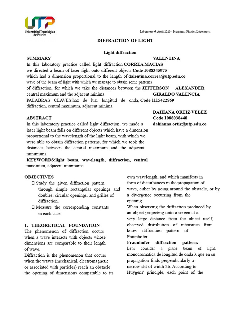 Light Diffraction Experiment Analysis | PDF | Diffraction | Physical ...