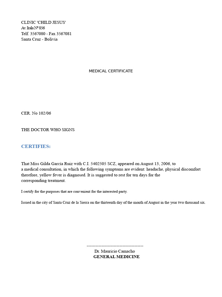 Medical Certificate Example for Patients | PDF