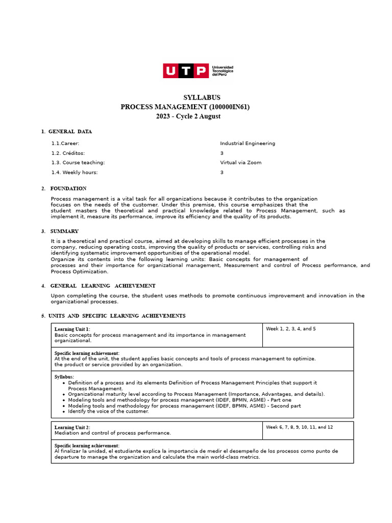 Process Management Course Syllabus | PDF | Industrial Engineering ...