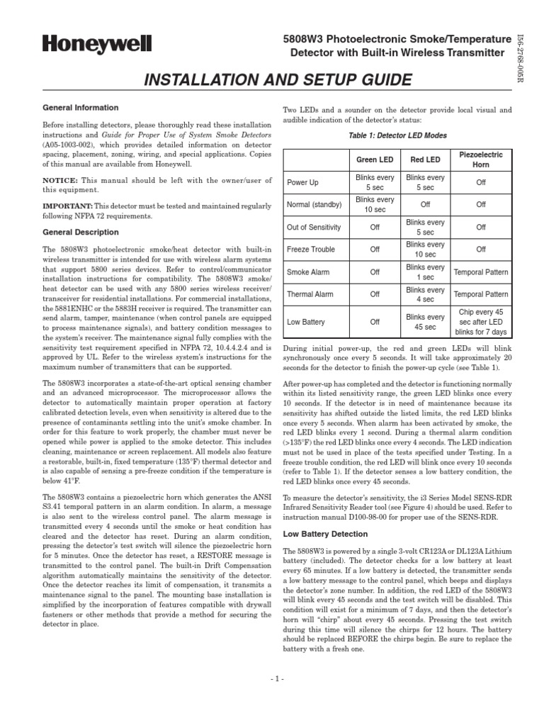 Honeywell 5808w3 Install Guide PDF Security Alarm Detector (Radio)