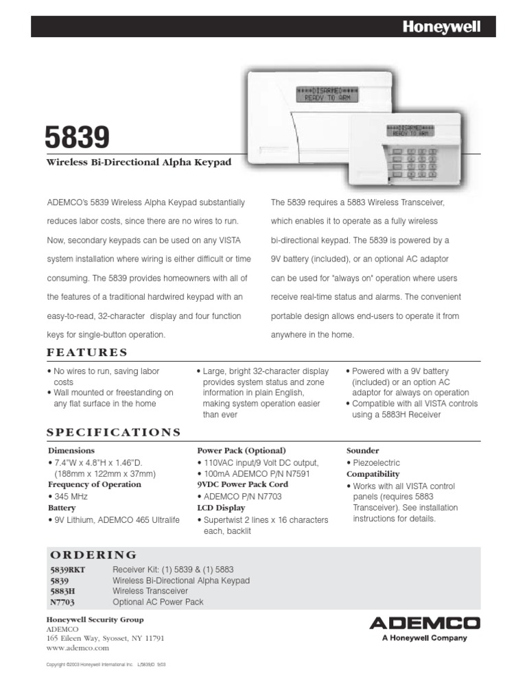 Honeywell 5839 Data Sheet | PDF
