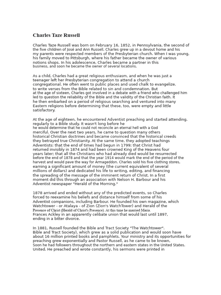 Charles Taze Russell: A Controversial Legacy | PDF | Systematic ...